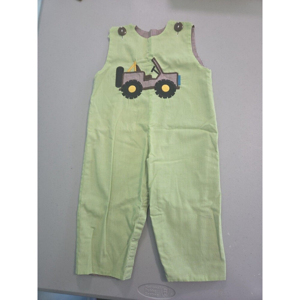 Le za me Boys Overalls Romper One Piece jeep applique 12M green plaid